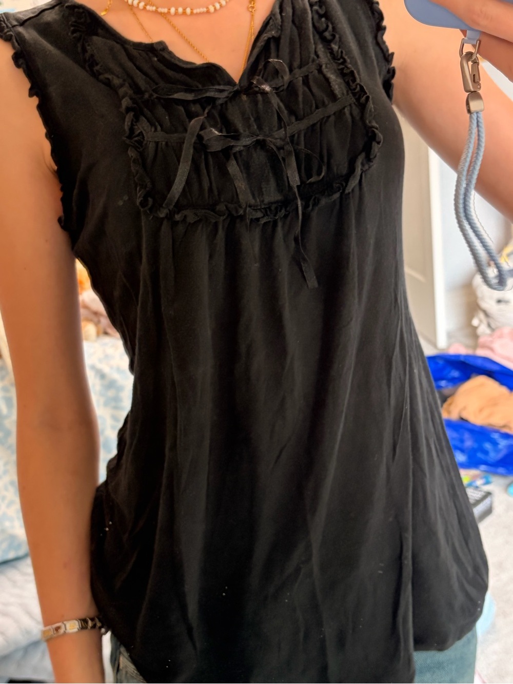 Sleeveless Black Ruffle Tie-Front Tank Top